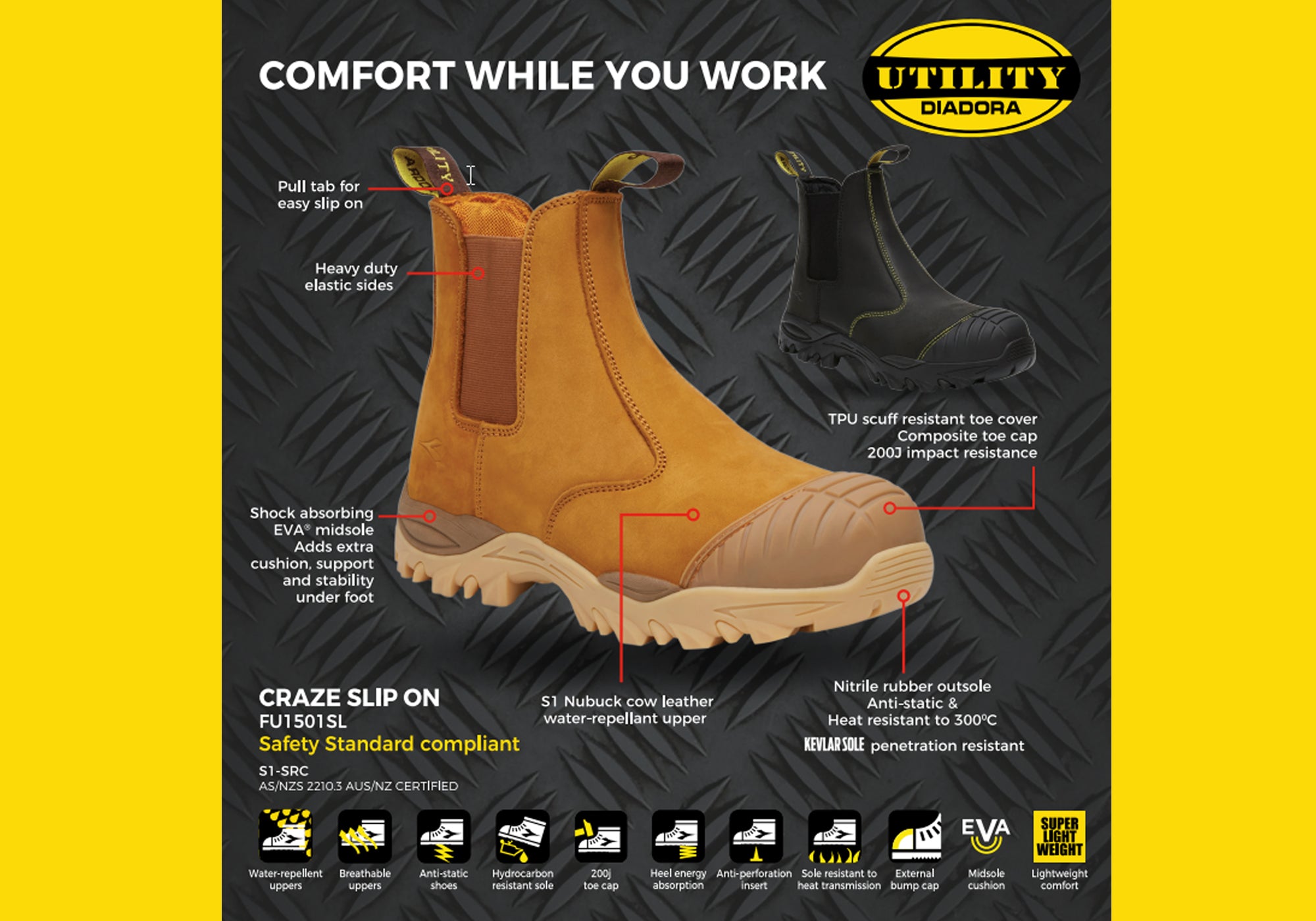 Diadora Mens Craze Slip On Comfortable Composite Toe Safety Work Boots