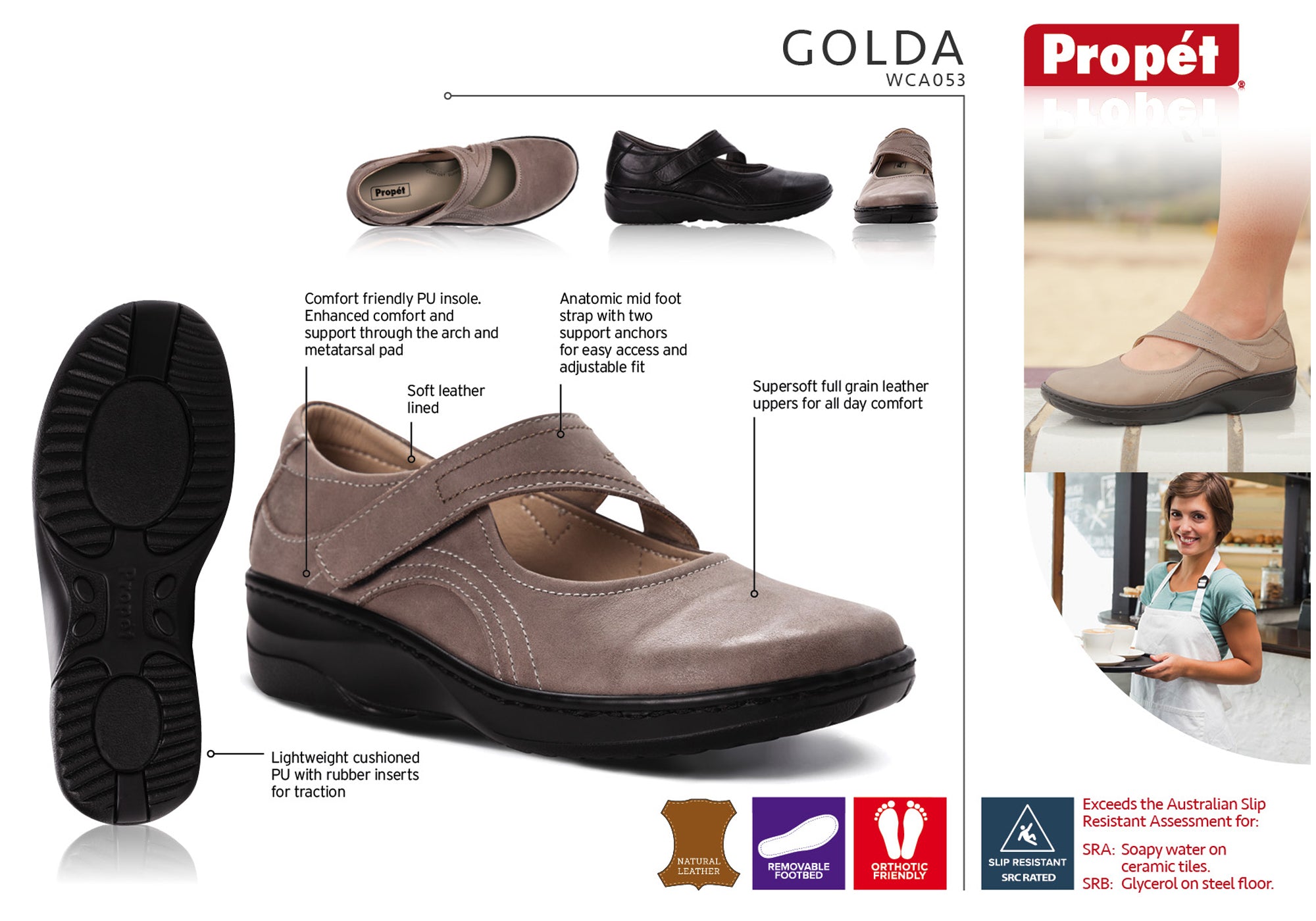 Propet Womens Golda Leather Comfort 2E Extra Wide Fit Mary Jane Shoes