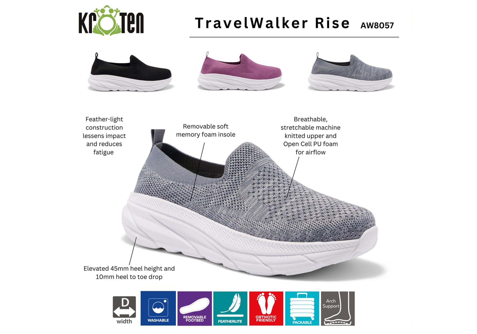 Kroten Womens Travelwalker Rise Slip On Wide Width Walking Shoes
