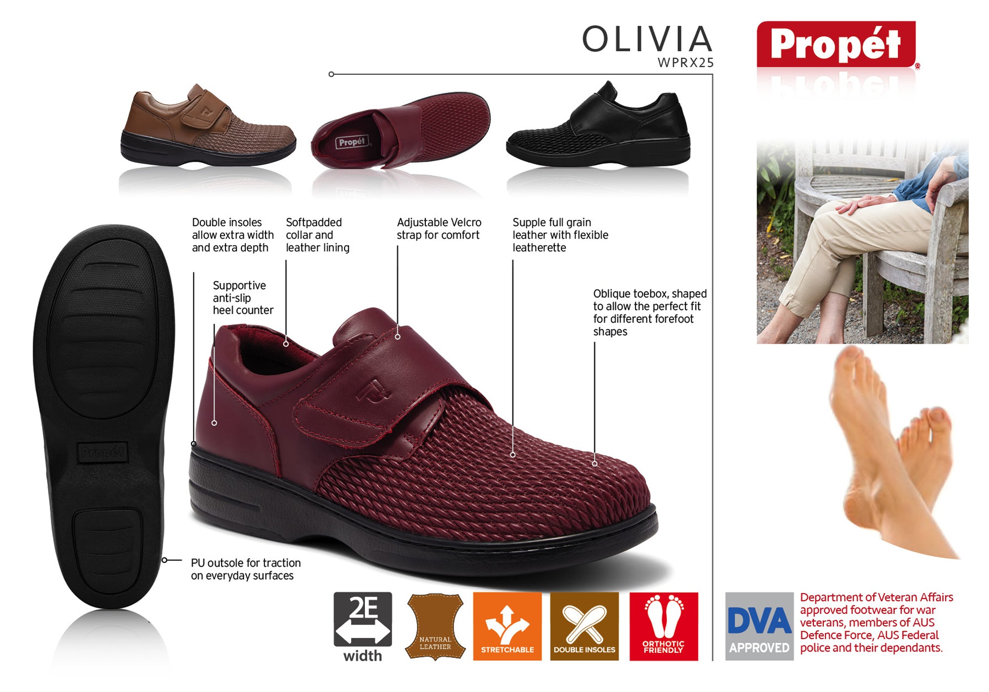 Propet Womens Olivia Leather Comfort Adjustable Strap Wide Fit Shoes